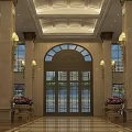 Luxurious Hotel Lobby With Ornate Ceiling Decorative Columns Arched Entrance Door And Marble Floor