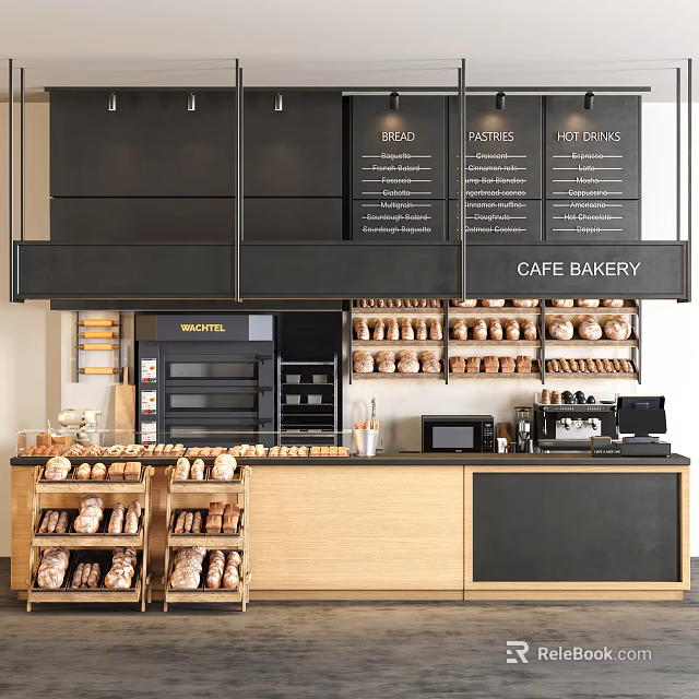 Cafe Bakery Reception Counter With Wooden Design Bread Shelves Coffee Machine And Menu Boards 3d model 