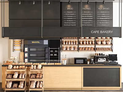 Cafe Bakery Reception Counter With Wooden Design Bread Shelves Coffee Machine And Menu Boards 3d model