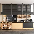 Cafe Bakery Reception Counter With Wooden Design Bread Shelves Coffee Machine And Menu Boards