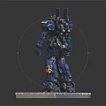 Blue Mecha Robot Figure Standing On White Base With Yellow Red Details