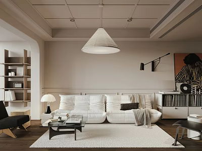 Modern Living Room Interior Design With White Sofa Black Coffee Table And Bookshelf 3d model