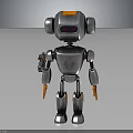 Silver Metallic Robot Character With Orange Accents Large Ears And Red Eye