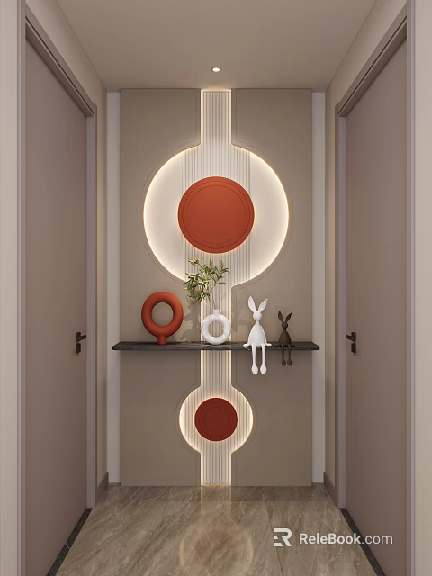 Stylish Entryway Interior With Circular Red Decor Ambient Lighting Green Plant And Rabbit Figurine 3d model 