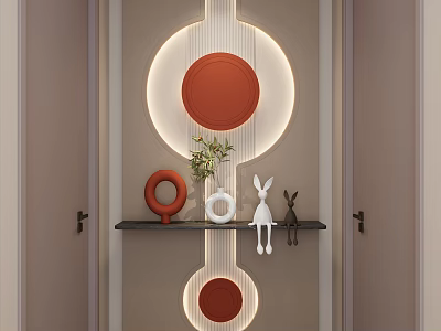 Stylish Entryway Interior With Circular Red Decor Ambient Lighting Green Plant And Rabbit Figurine 3d model