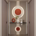Stylish Entryway Interior With Circular Red Decor Ambient Lighting Green Plant And Rabbit Figurine