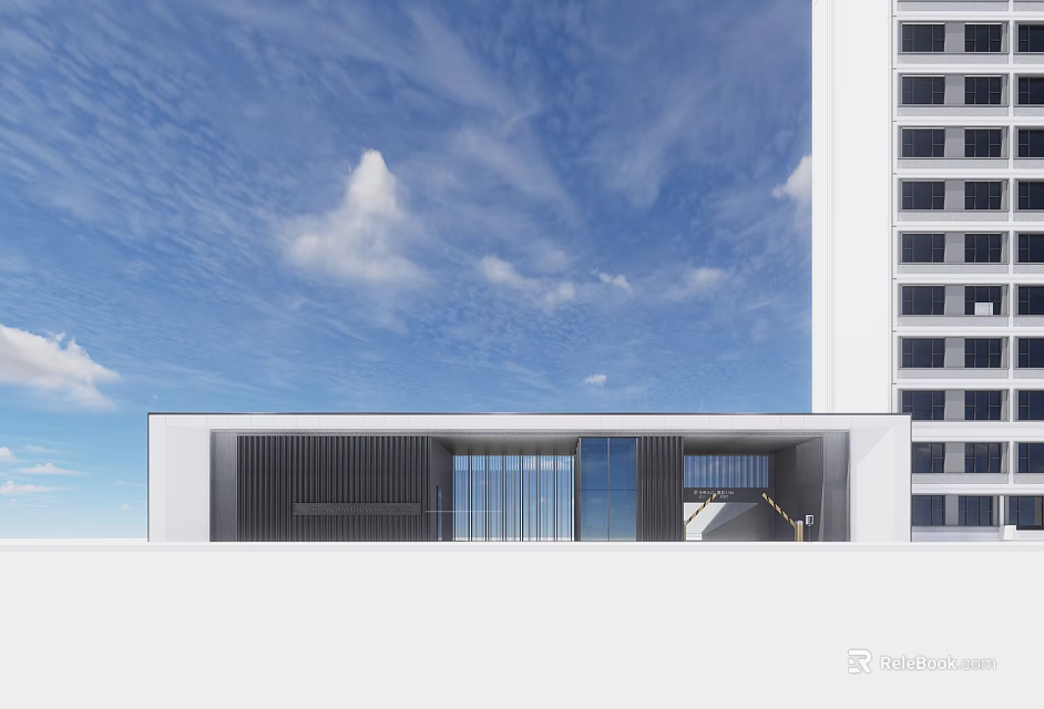 Modern Entrance Gate Design With Glass Panels And Tall Building Under Blue Sky 3d model 