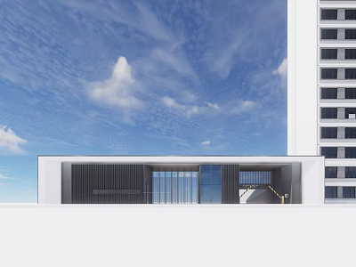 Modern Entrance Gate Design With Glass Panels And Tall Building Under Blue Sky 3d model