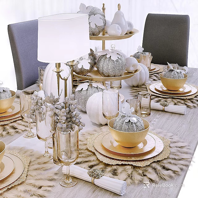 Elegant Gold and White Dinnerware Set with Pumpkin Decor Tiered Stand and Feather Table Setting 3d model 