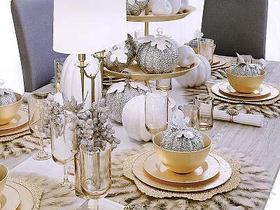 Elegant Gold and White Dinnerware Set with Pumpkin Decor Tiered Stand and Feather Table Setting 3d model