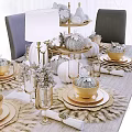 Elegant Gold and White Dinnerware Set with Pumpkin Decor Tiered Stand and Feather Table Setting 3d model