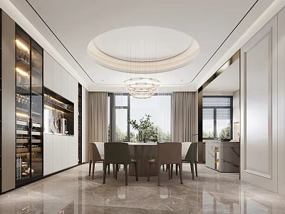 Modern Duplex Living Room Interior With Round Chandelier Dining Table Large Windows And Marble Floor 3d model