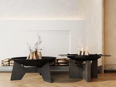 Modern Black Fire Pits With Stacked Wood Logs In Interior Design Space 3d model