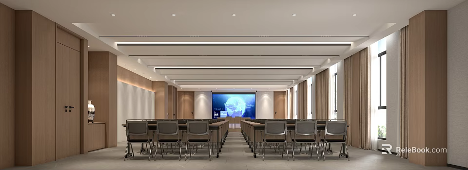 Conference Room Interior With Arranged Tables Chairs Large Screen Wooden Decor And Ceiling Light Strips 3d model 