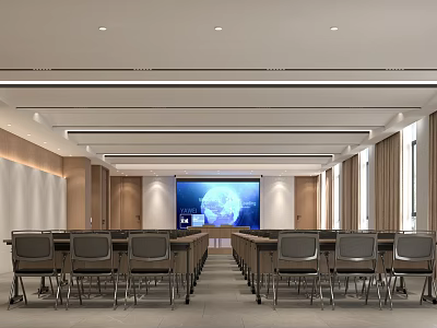 Conference Room Interior With Arranged Tables Chairs Large Screen Wooden Decor And Ceiling Light Strips 3d model