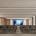 Conference Room Interior With Arranged Tables Chairs Large Screen Wooden Decor And Ceiling Light Strips