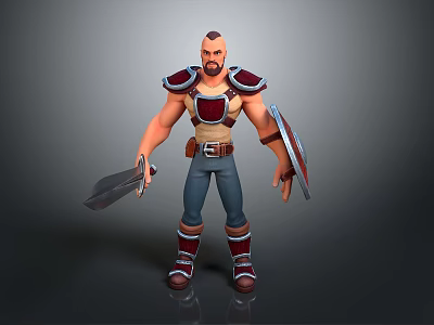 3D Warrior With Red White Armor Blue Pants Brown Boots Belt Holding Sword Shield 3d model