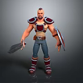 3D Warrior With Red White Armor Blue Pants Brown Boots Belt Holding Sword Shield