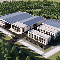 Modern Industrial Factory Building With Large Glass Curtain Walls Lawn And White Flowers