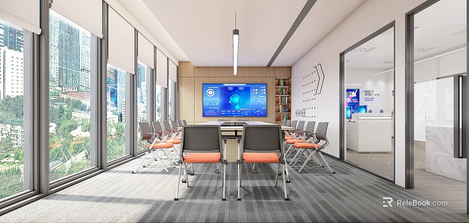 Modern Conference Room Interior With Large Windows Wooden Walls Orange Seats And Big Screen Bookshelf 3d model 