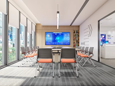 Modern Conference Room Interior With Large Windows Wooden Walls Orange Seats And Big Screen Bookshelf 3d model