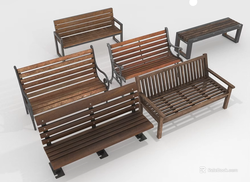 Various Styles Wooden Outdoor Benches with Wooden Slats and Metal Frames for Outdoor Spaces 3d model 