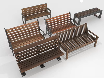 Various Styles Wooden Outdoor Benches with Wooden Slats and Metal Frames for Outdoor Spaces 3d model