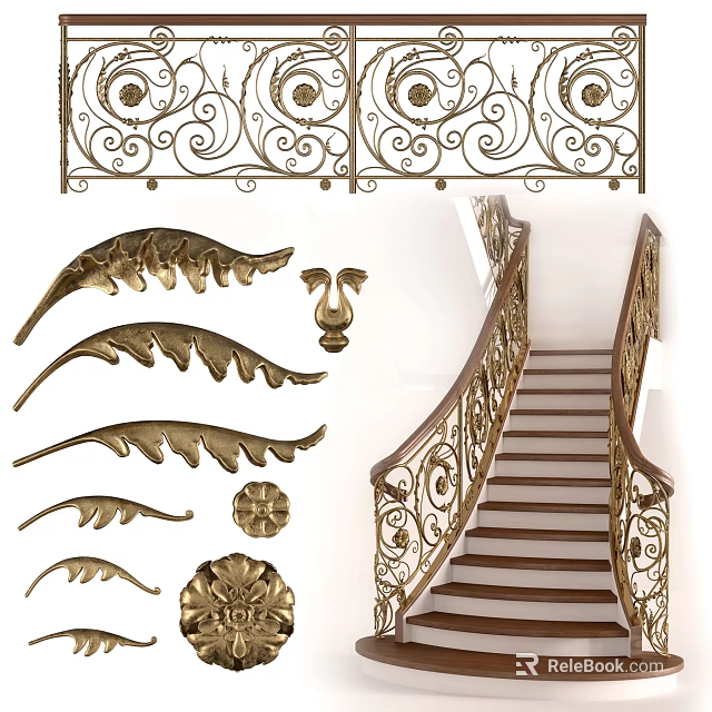 Luxurious Staircase With Ornate Metal Railings And Intricate Leaf Shaped Decorative Elements 3d model 