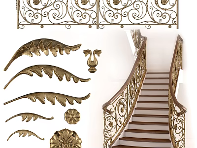 Luxurious Staircase With Ornate Metal Railings And Intricate Leaf Shaped Decorative Elements 3d model