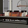 Traditional Chinese Multi Person Sofa With Carved Wooden Frame And Colorful Cushions