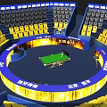 Spacious Competitive Billiard Room With Central Table Circular Seating Yellow Black Seats And Blue Billboards