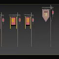 Multiple Traditional Chinese Tavern Signs with Red Lanterns and Hanging Banners