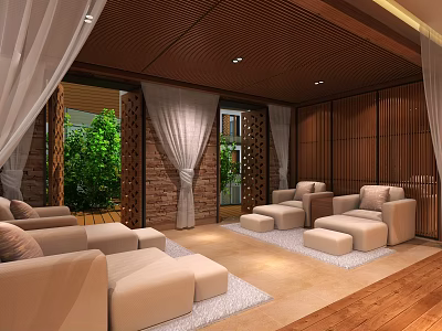 SPA Sauna Interior Design With Wooden Elements Relaxation Area Sofas And Greenery 3d model