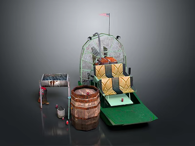 Model Scene With American Flag Yellow Black Boxes Wooden Barrel And Green Platform 3d model