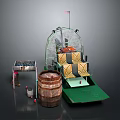 Model Scene With American Flag Yellow Black Boxes Wooden Barrel And Green Platform