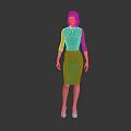 Blonde Woman in Fitted Green Dress with Tie Detail Against Dark Background Wearing High Heels