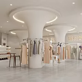 Elegant Clothing Store Interior Design With White Pillars Mannequins Hanging Clothes And Shoes