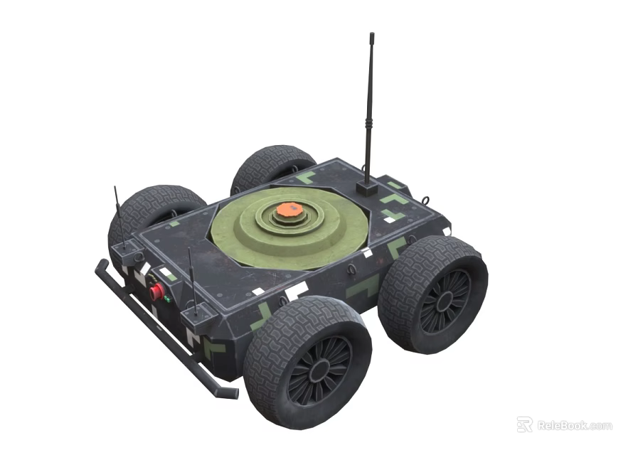 Military Robot Vehicle With Four Wheels Camouflage Design Circular Top And Antenna 3d model 