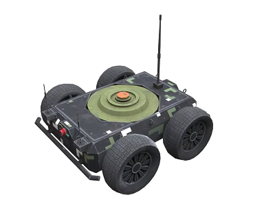 Military Robot Vehicle With Four Wheels Camouflage Design Circular Top And Antenna 3d model