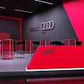 Modern Audi RS Showroom Exterior With Red Blue Clouds And Parked Vehicles