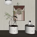 Modern White Bedside Tables With Red Tops Drawers And Decorative Items 3d model