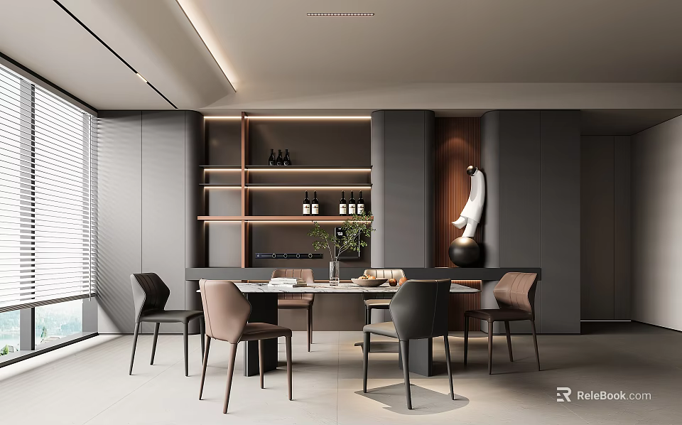 Modern Restaurant Interior with Dining Table Chairs Shelves Bottles Linear Lighting and Decorative Sculpture 3d model 