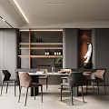 Modern Restaurant Interior with Dining Table Chairs Shelves Bottles Linear Lighting and Decorative Sculpture 3d model