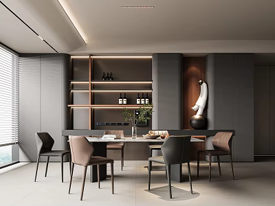 Modern Restaurant Interior with Dining Table Chairs Shelves Bottles Linear Lighting and Decorative Sculpture 3d model