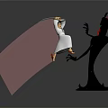 Sword Wielding Character Jumping Near Black Creature With Green Face And Red Comb