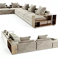 Modern Large Sectional Sofa With Light Beige Upholstery Multiple Soft Cushions And Throw Blanket 3d model