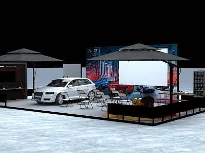 Modern Stage Setup With White Audi Red Sports Car Umbrellas Tables And Colorful Backdrop 3d model