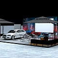 Modern Stage Setup With White Audi Red Sports Car Umbrellas Tables And Colorful Backdrop