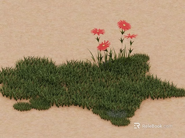 Vibrant Red Flowers Growing On Lush Green Grass Beige Background Scene 3d model 
