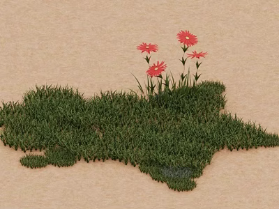 Vibrant Red Flowers Growing On Lush Green Grass Beige Background Scene 3d model